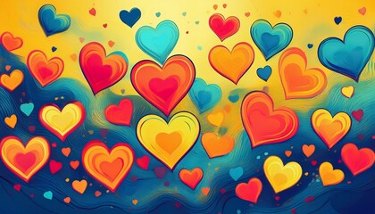colorful heart illustrations brighten up a cheerful yellow and blue background