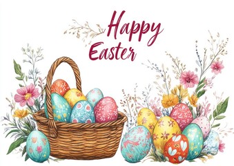 Happy Easter Watercolor Basket with Decorated Eggs and Floral Arrangement