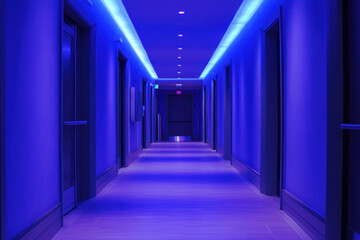 Blue-lit hallway with doors and recessed lighting.