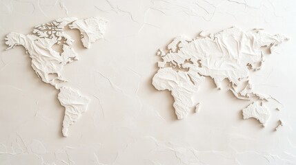 Detailed relief map of the world displayed on a textured wall, highlighting the continents and oceans with a modern design