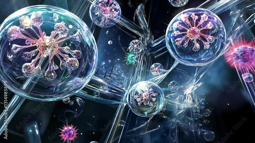 Poster microscopic view of complex microorganisms floating in a vivid, abstract environment