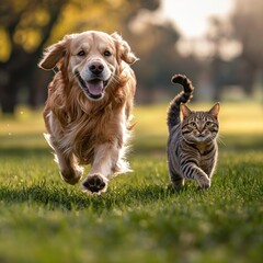 Golden retriever dog and tabby cat joyfully running and playing together on lush grass in a sunny park, celebrating their friendship
