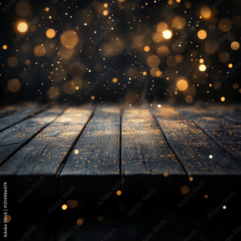 Poster enchanting golden bokeh lights illuminate a rustic dark wooden table creating a magical and festive 