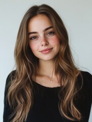 Naklejka premium Young woman with long wavy light brown hair, blue eyes, black top, and delicate gold necklace