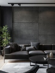 Modern living room features a gray sofa and concrete wall