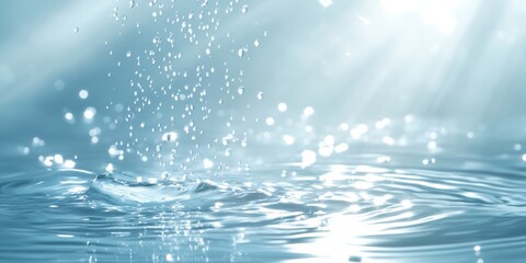 Sunlight illuminates falling water drops creating gentle ripples and bokeh on a light blue water surface