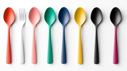 Colorful plastic spoons and fork arranged in a row on white background.
