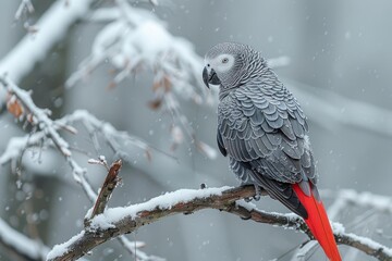 Obraz premium Gray parrot perched on a snow-covered branch during a winter snowfall.
