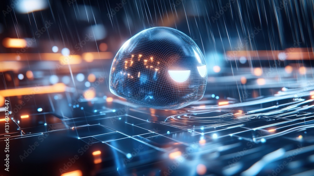 Poster dynamic digital sphere floating above a neon circuit board in a futuristic urban environment abstrac
