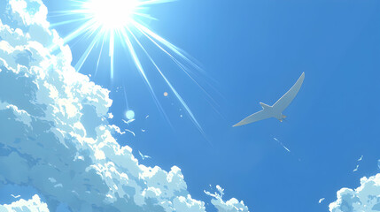 Fototapeta premium Bird soaring in sunny sky above fluffy clouds; peaceful summer scene, ideal for travel or nature websites