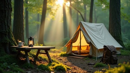 Morning sunbeams illuminate a tranquil campsite nestled within a verdant forest, featuring a cozy tent, a rustic table with a steaming beverage, and a vintage lantern