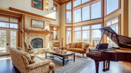 Fototapeta premium Elegant Living Room Interior with Grand Piano and Stone Fireplace