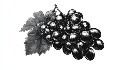 Hand-drawn illustration of a bunch of grapes with leaves.  Suitable for food packaging, recipes, or educational material