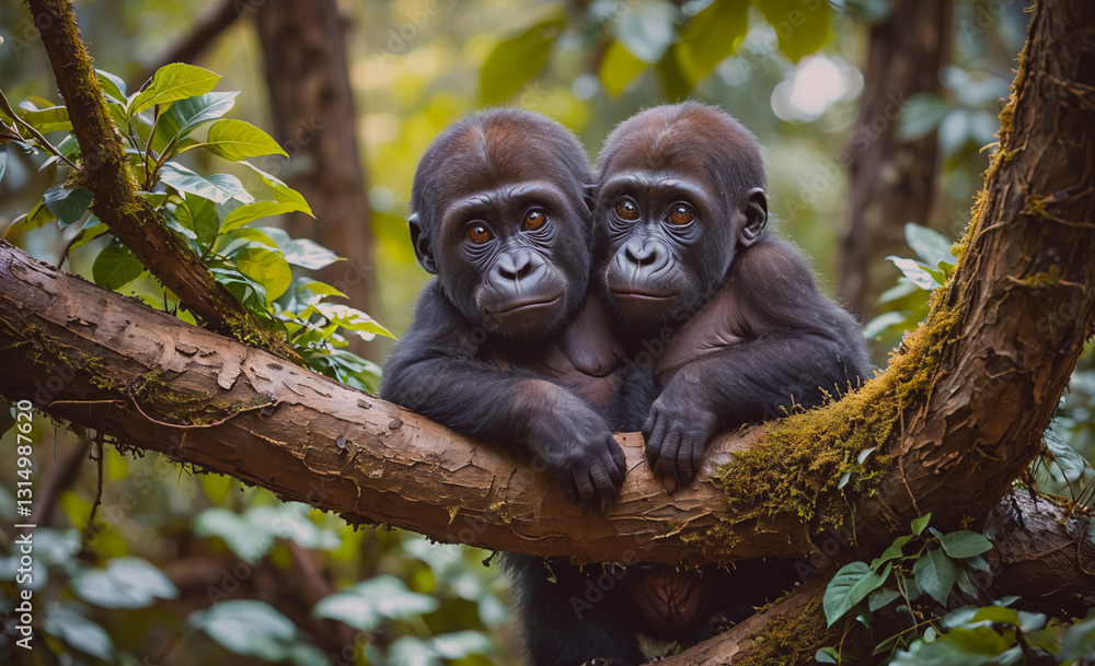 Poster two baby gorillas are sitting on a tree branch. they are looking at the camera. scene is playful and