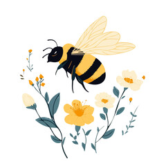 2D flat vector illustration A bumblebee flying near flowers icon isolated on a white background.

