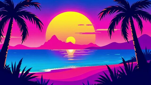 Bright sunset over the sea on the tropical sandy beach with palm trees, trendy summer background or wallpaper, cartoon vector style