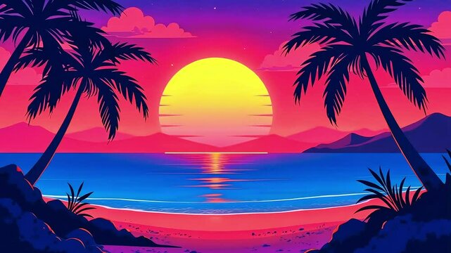 Red sunset over ocean, tropical island with palm trees. Cartoon vector style landscape. Relaxing atmosphere and positive vibes, wallpaper and background