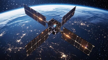 Satellite orbiting Earth, illuminated solar panels