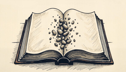 Open book spilling pebbles, symbolism of knowledge and burden