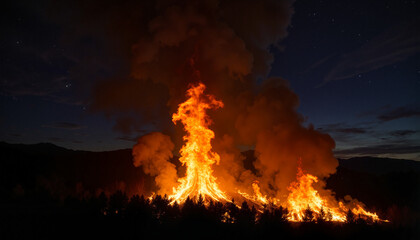 Towering wildfire flames against dark sky at nighttime, devastating nature