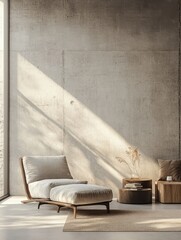 Modern minimalist interior features a beige chair with ottoman