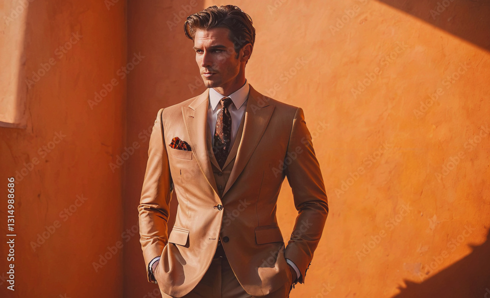 Poster man in a tan suit and tie stands in front of a wall. the suit is well-tailored and the tie is neatly