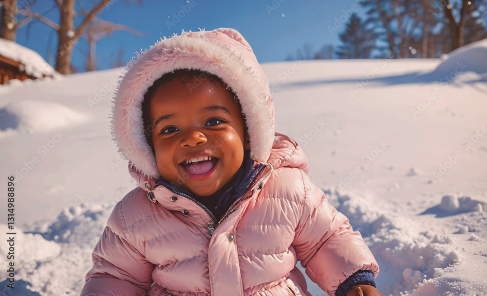 Poster young child is smiling and wearing a pink coat while playing in the snow. concept of joy and playful