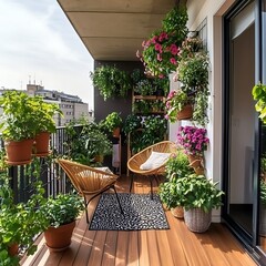 Beautiful urban balcony flowers garden with a chair and lush plants wooden flor view 