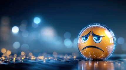 Melancholic emoji reflection digital art abstract environment close-up viewpoint expressing sadness