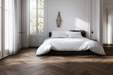Bright, airy bedroom with white bedding, hardwood floors, and large windows.