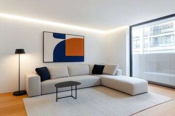 A modern living room featuring a light sofa, stylish lamp, and artistic wall decor, with large windows allowing natural light.