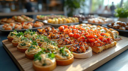 An assortment of gourmet finger foods, including bruschetta, shrimp bites, and cream-filled canapes, displayed on a wooden board