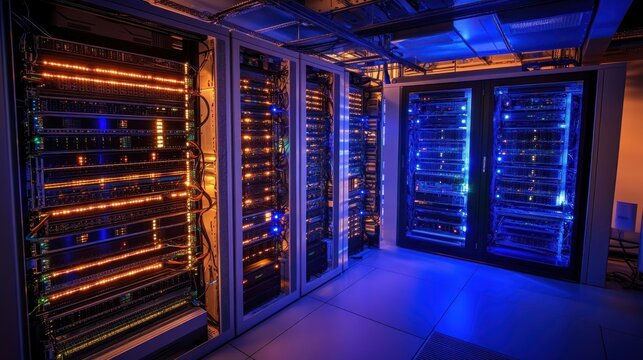 Modern server room with illuminated racks - Powered by Adobe