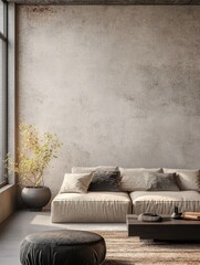Modern minimalist interior with a sofa and a plant