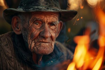 Obraz premium Weathered Sage by the Fire A Timeless Portrait of Resilience and Profound Wisdom, which Powerfully Evokes the Deep Memories and Unique Experiences of Life and Their Emotional Significance