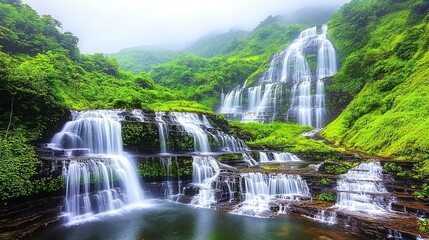 Majestic tiered waterfall cascading in lush misty mountain rainforest