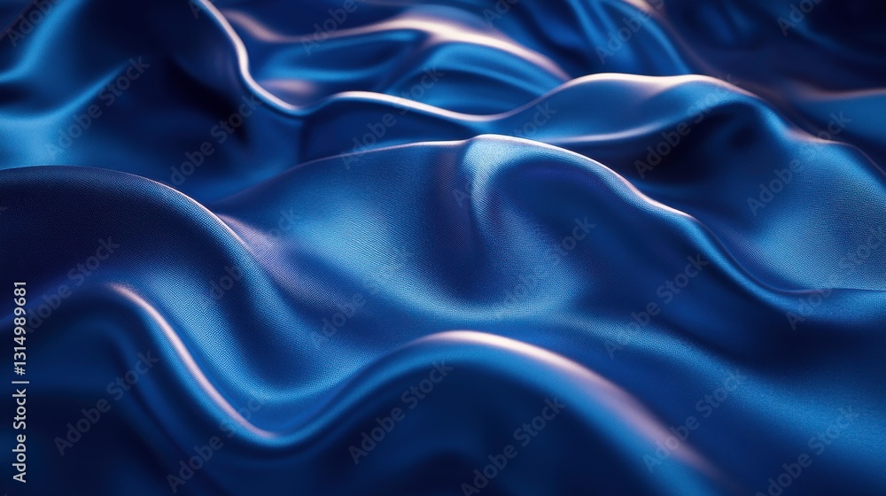 Poster a close-up view of smooth blue fabric with flowing waves and subtle highlights, creating a visually 
