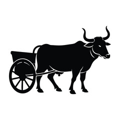 Ox Dragging a Cart with Strong Stance Silhouette on White Background