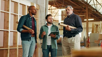 Teamwork, engineering or people on tablet in warehouse for manufacturing workshop or furniture production. Men, carpenter or architects with blueprint for logistics, building or construction business