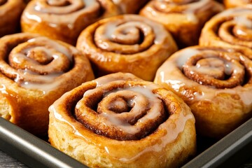 Fototapeta premium Freshly Baked Cinnamon Rolls with Icing Drizzle on a Baking Tray