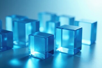 Obraz premium A cluster of translucent azure cubes, reflecting light, showcasing multifaceted geometric forms and a sense of depth