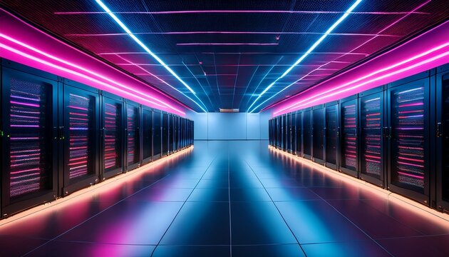 a modern data center featuring sleek black server racks under vibrant blue and pink lighting symbolizing technology and digital storage