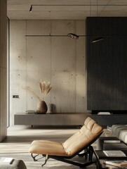 Minimalist interior shot with focused concrete wall and lighting