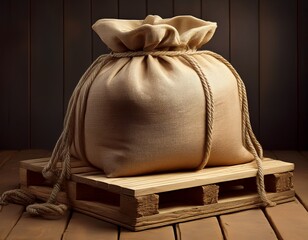 a large clay render of a bulk bag placed on a wooden pallet with burlap wrapping and ropes tied around it showcasing the rustic texture of the material wooden pallet clay render