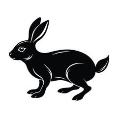 Rabbit Leaping Forward with Ears Tilted Back Silhouette on White Background