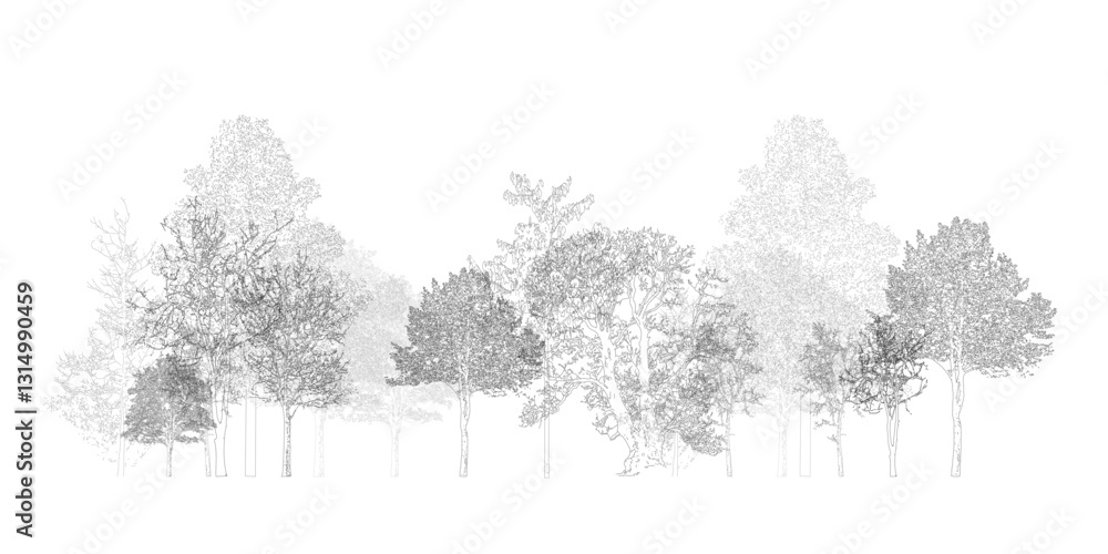 Poster architectural drawings, minimal style cad tree line drawing, side view, set of section wetland fores