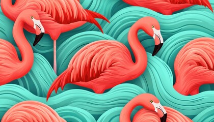 A vibrant illustration of pink flamingos amidst turquoise waves, showcasing a whimsical and colorful nature scene.