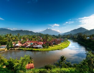 Fototapeta premium panoramic view of the river and the village in indonesia