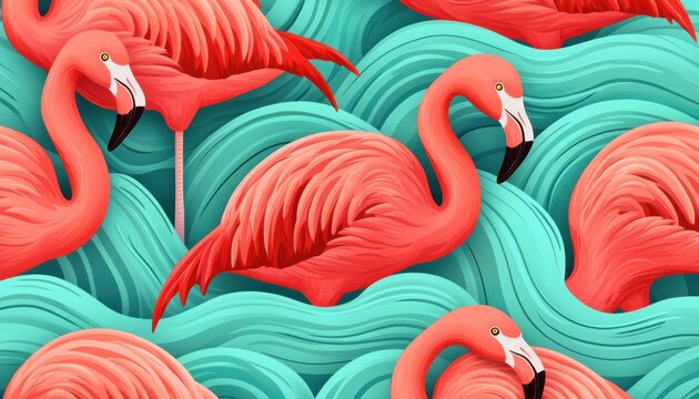A vibrant illustration of pink flamingos amidst turquoise waves, showcasing a whimsical and colorful nature scene.