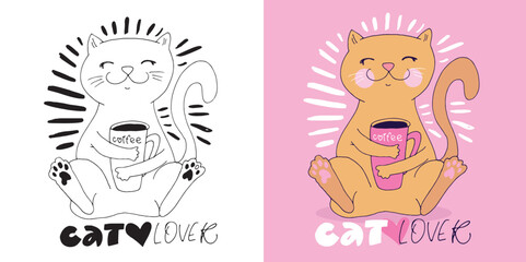 Trendy hand drawn doodle lettering quote about cat and coffee. Lettering for t-shirt design, mug print, bag print, clothes fashion. 100% hand drawn vector image.